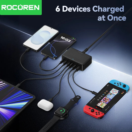 Rocoren USB Charger 100W GaN Charger 6-ports Desktop Fast Charging Type C Charger Portable Power Station For iPhone 17 16 Xiaomi