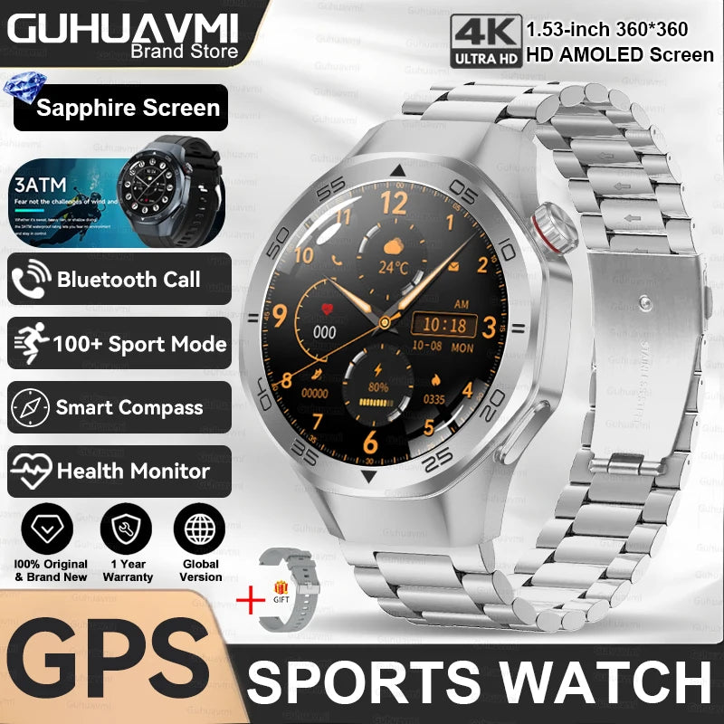 2025New Upgraded Outdoor Sport GPS Smart Watch Men 1.53" HD AMOLED Screen GPS track Heart Rate Bluetooth Call Compass SmartWatch
