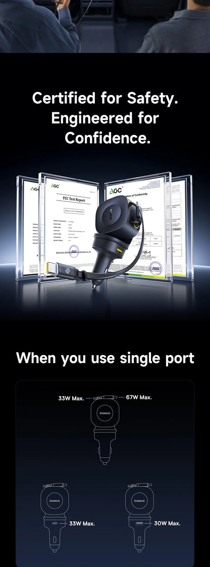 Baseus 100W Car Charger PD QC Fast Charging Dual Type-C Retractable Cable 4 ports 450°Rotation For Laptop Tablet iPhone Samsung