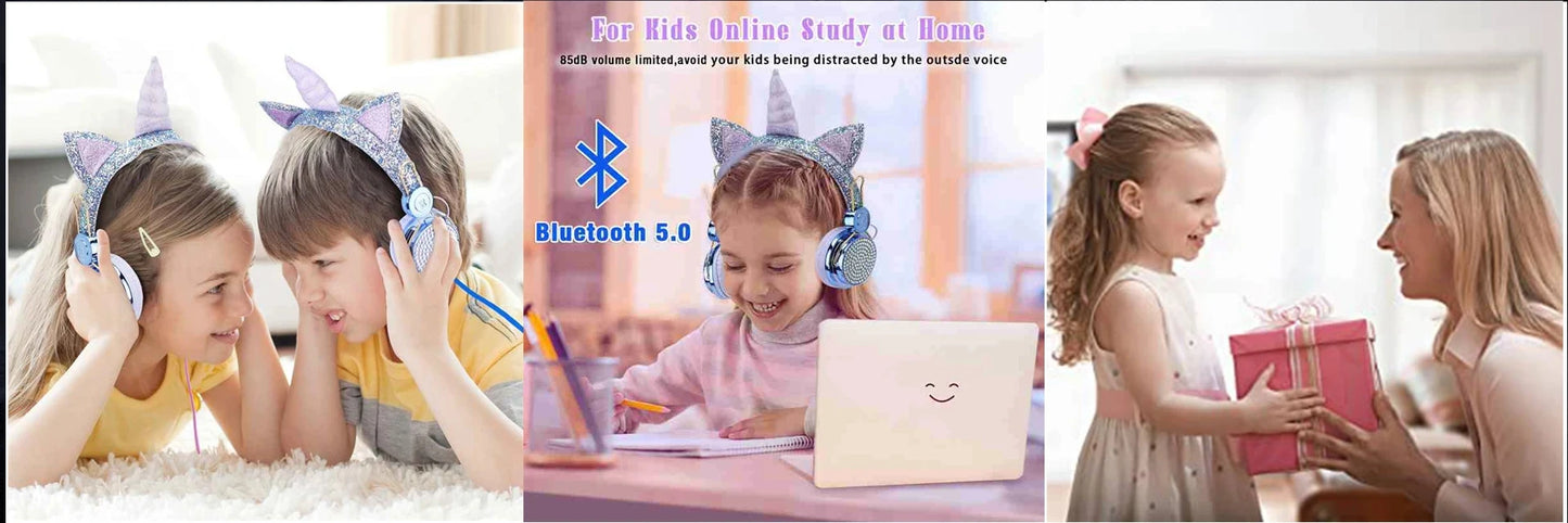 RGB Unicorn Kids Wireless Headphones With Mic Music Stereo Earphone Cute Unicorn Control RGB Light Headset Girls Kids Gift - Universal Market