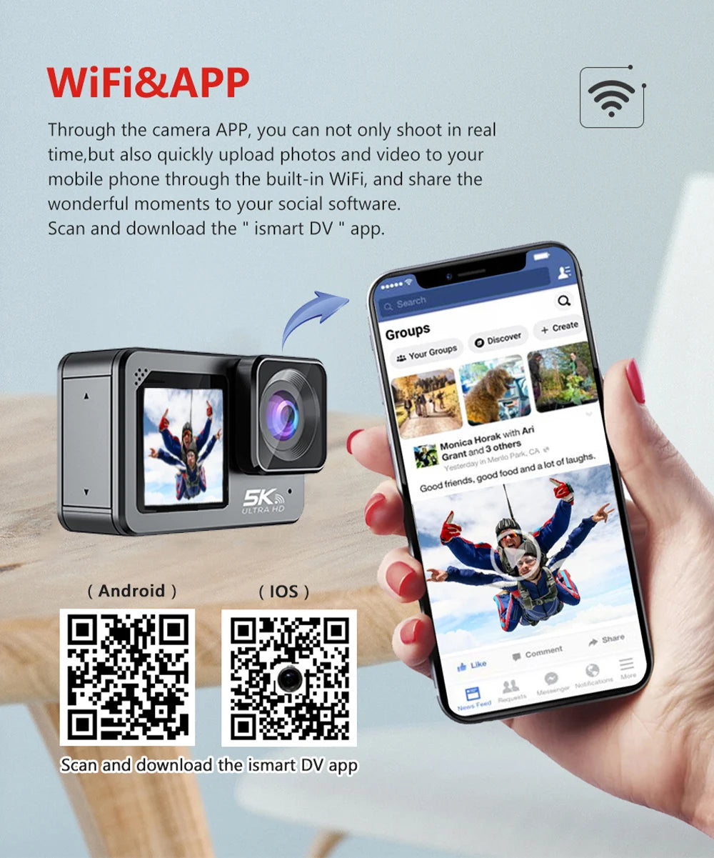 Action Camera F6W Wireless Mic 5K 4K60FPS 48MP 2.2" Touch LCD EIS Dual Screen Wi-Fi 170D Waterproof 30M 8X Zoom Sports Camera