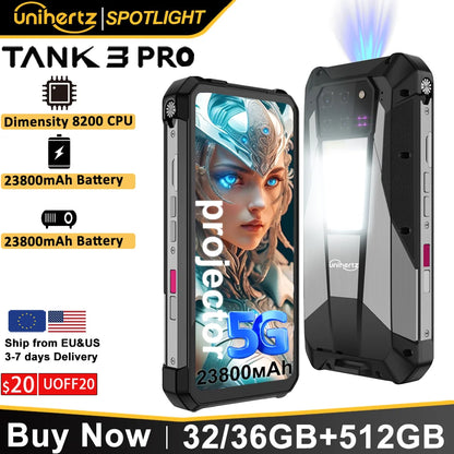 Unihertz Tank 3 Pro 8849 with 100 Lumens 120Hz Projector ,32GB/36GB RAM,512GB ROM,23800mAh 120W Fast Charger,5G,200MP Camera