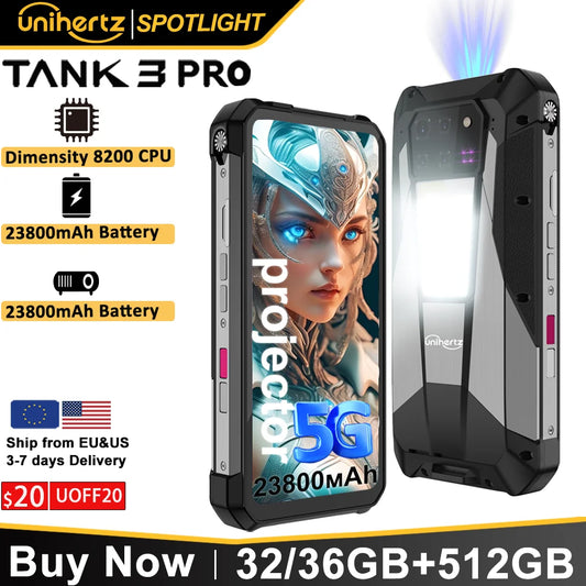 Unihertz Tank 3 Pro 8849 with 100 Lumens 120Hz Projector ,32GB/36GB RAM,512GB ROM,23800mAh 120W Fast Charger,5G,200MP Camera