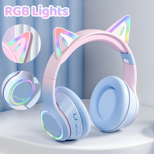 Gradient Wireless Headphones RGB Cat Ear Bluetooth Headphones With Microphone Stereo Music Game Earphone For Girls Kids Gifts - Universal Market