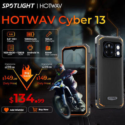 [World Premiere] HOTWAV Cyber 13 Rugged Phone 150LM Flashlight 8GB 128GB Smartphone 6.6'' HD+ 10800mAh 64MP Android 14 Cellphone