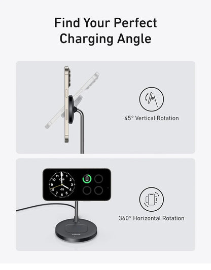 Anker MagSafe Charger Stand Compatible, MagGo 2-in-1 Charging Station, 【Upgraded】 Qi2 Certified 15W Wireless Charger Stand, for