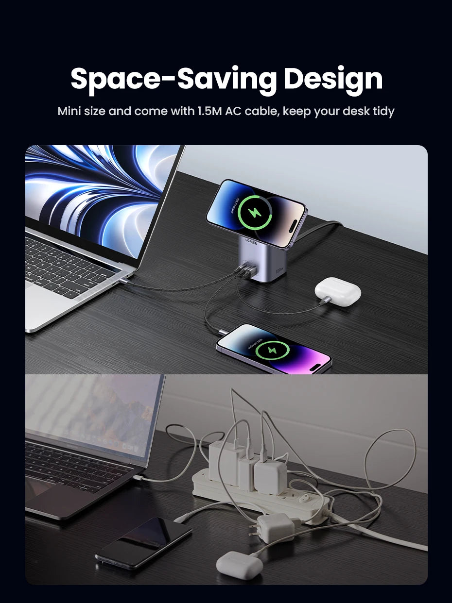 UGREEN GaN 100W Desktop Charger MFi Magnetic Wireless Charger for iPhone 17 16 15 Fast Charger Power Station for Laptop Notebook