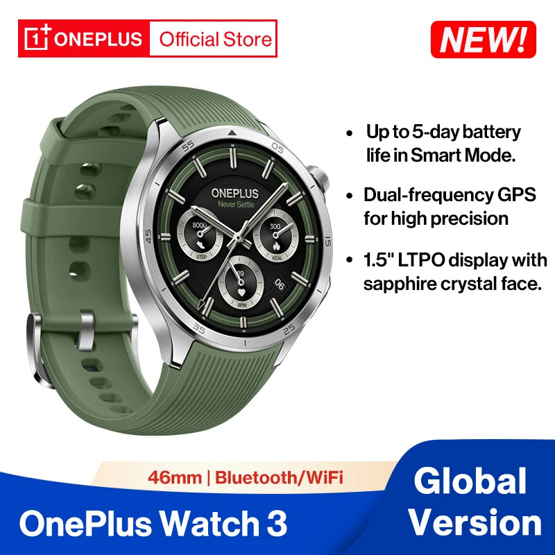 Original OnePlus Watch 3 Global Version Smart Watch 1.5 inches AMOLED 32GB Memory Snapdragon W5 Wear OS by Google NFC IP68 5ATM