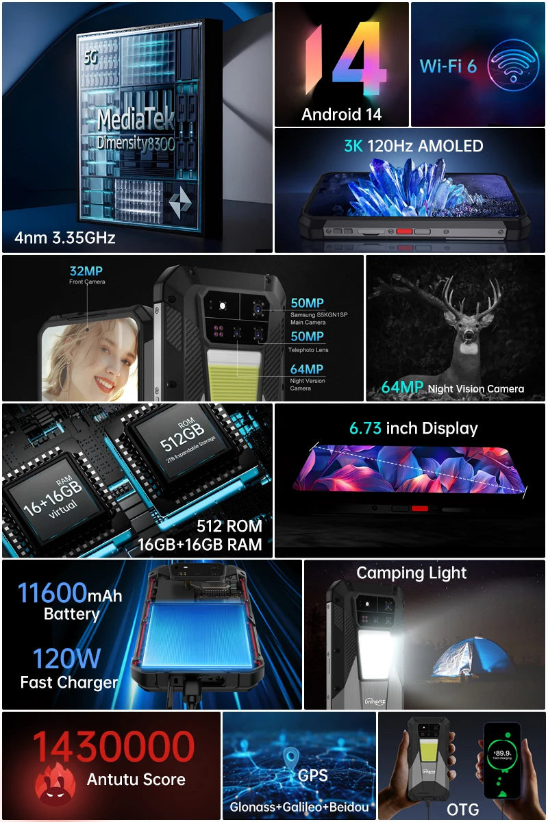 Unihertz  SHARK 3 by 8849 Smartphone Android 14 32GB 512GB Dimensity 8300 3K AMOLED Screen 11600mAh Night Camera 5G Rugged Phone