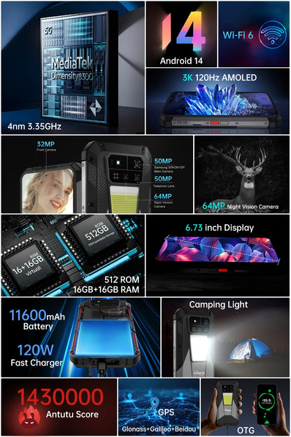 Unihertz  SHARK 3 by 8849 Smartphone Android 14 32GB 512GB Dimensity 8300 3K AMOLED Screen 11600mAh Night Camera 5G Rugged Phone