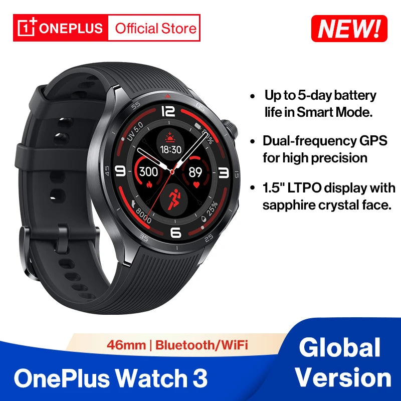 Original OnePlus Watch 3 Global Version Smart Watch 1.5 inches AMOLED 32GB Memory Snapdragon W5 Wear OS by Google NFC IP68 5ATM