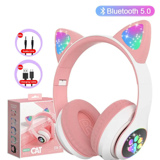 Flash Lamp Cute Cat Ears Headphone Bluetooth5.0 Stereo With Mic Support TF Card Wireless Kids Girl Earphone Birthday Gift - Universal Market