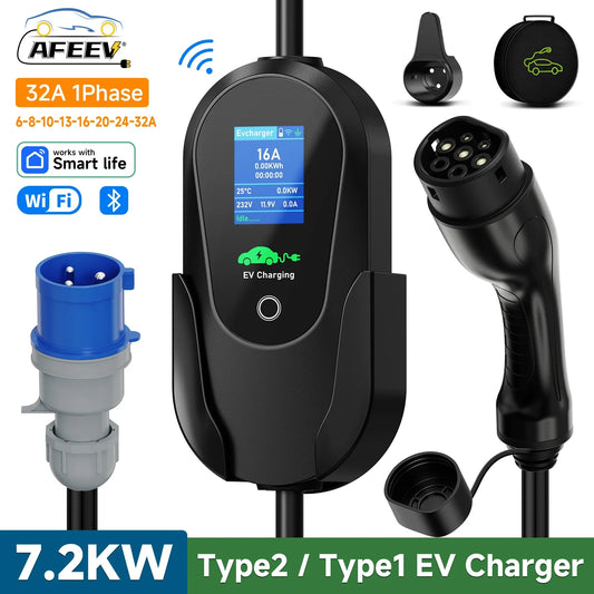 AFEEV Type2 IEC 62196-2 Portable EV Charger 7.2KW 32A Type1 SAEJ1772 Wallbox EVSE Fast Charging Cable WiFi APP Bluetooth Control