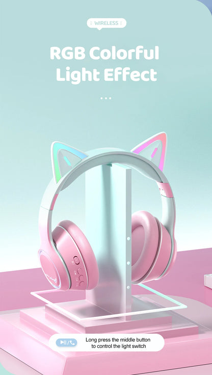 Gradient Wireless Headphones RGB Cat Ear Bluetooth Headphones With Microphone Stereo Music Game Earphone For Girls Kids Gifts - Universal Market