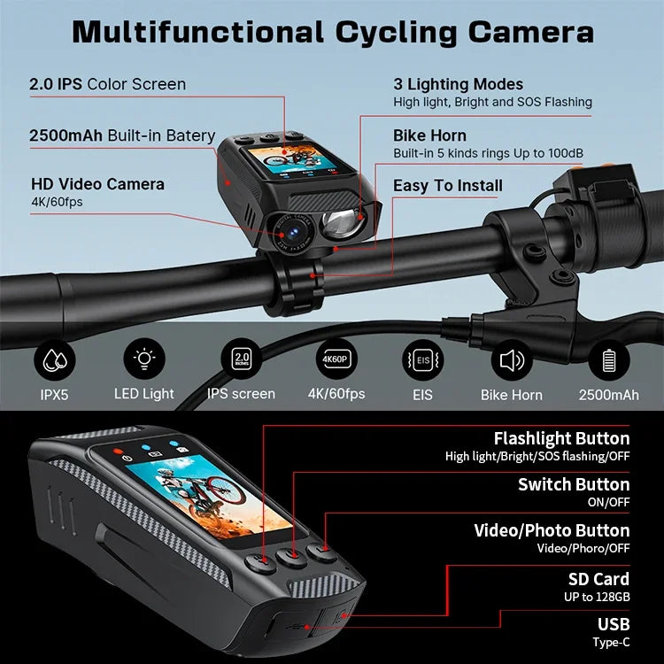 3 in 1 Multifunction Sport DV Dash Cam with Light Horn 4K Bike Helmet Action Camera HD Screen Motorcycle Bicycle Cycling Camera