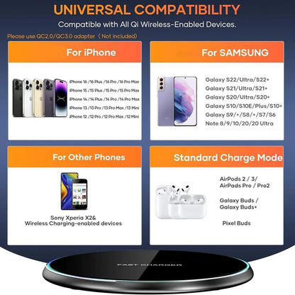 LED Light Wireless Charger Pad For iPhone 16 15 14 13 12 8 X XR Samsung Xiaomi  Airpods Pro Fast Wireless Charging Station