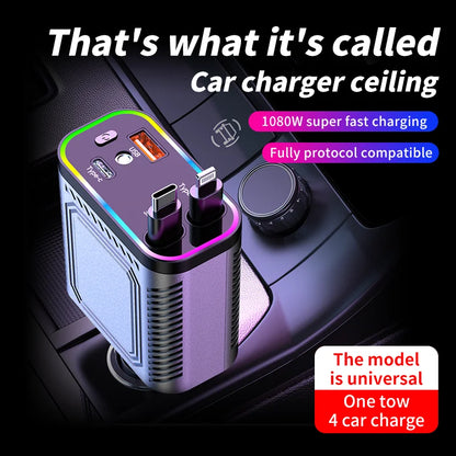 4 in 1 120W PD 33W Car Charger Retractable Car Cigarette Lighter Adapter Star Light Lighting Type C 70cm Charger Cable for Phone