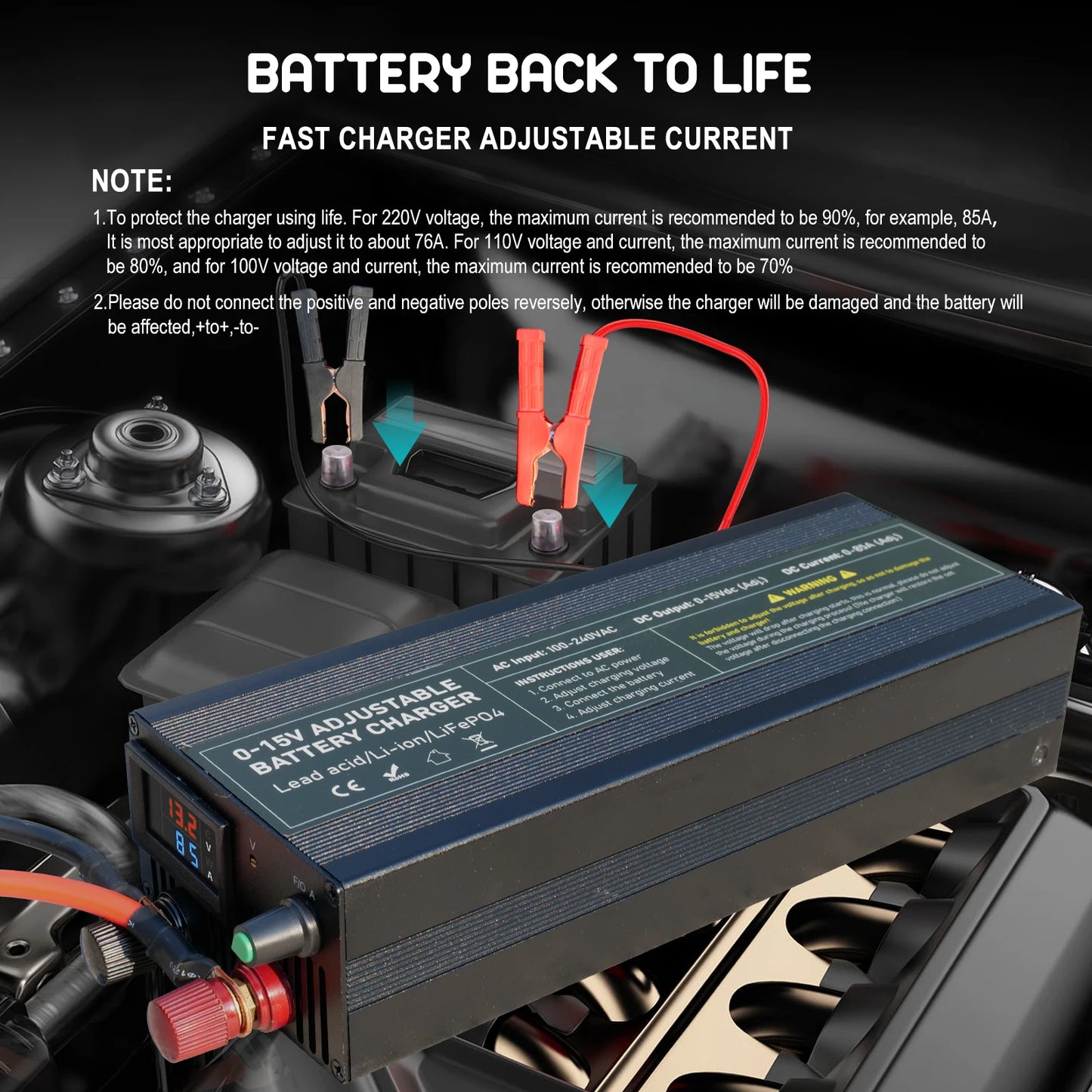 Lifepo4 Charger 12V 60A 100A Lithium Battery Charger 110V-240V Input 0-15V Adjustable Quick Fast Adapter for Lifepo4 Battery