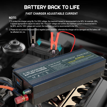 Lifepo4 Charger 12V 60A 100A Lithium Battery Charger 110V-240V Input 0-15V Adjustable Quick Fast Adapter for Lifepo4 Battery