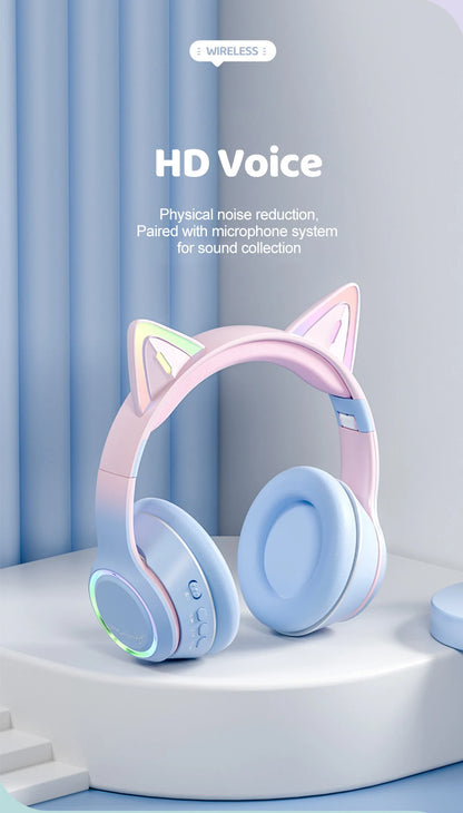 Gradient Wireless Headphones RGB Cat Ear Bluetooth Headphones With Microphone Stereo Music Game Earphone For Girls Kids Gifts - Universal Market
