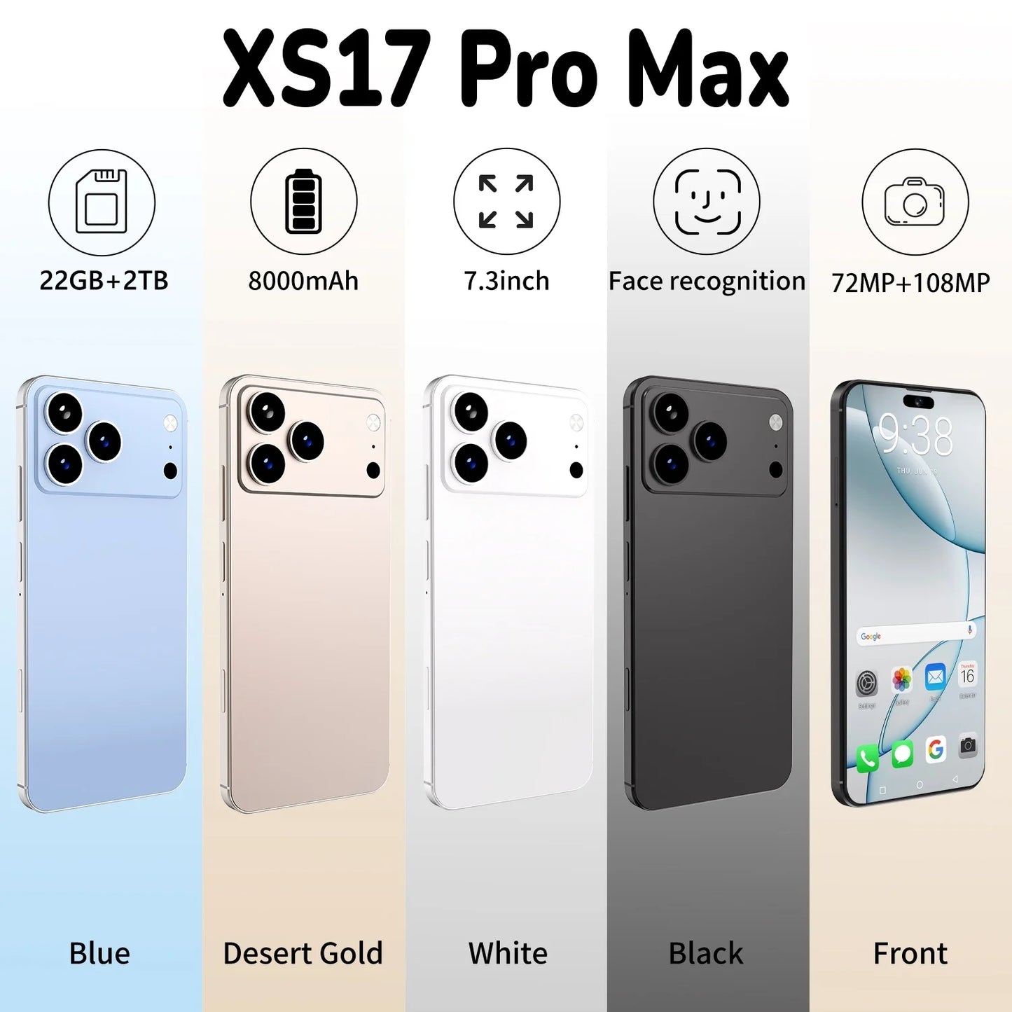 2025 HOT XS17 Pro Max 22GB 2TB 7.3inch HD Global Edition Original Smart Dual Card 8000mAh Battery Facial Recognition Function