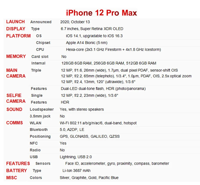 Genuine Apple iPhone 12 Pro Max 128/256/512GB ROM Original 6.7" Retina OLED RAM 6GB A14 Face ID NFC Unlocked 5G 98% New Phone - Universal Market