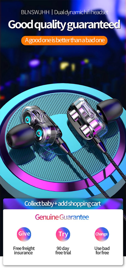 3.5mm Wired Headphones Noise Canceling In-Ear Sports Earphone Dual Driver Bass Stereo Gaming Headset HiFi Music Earbuds With Mic - Universal Market