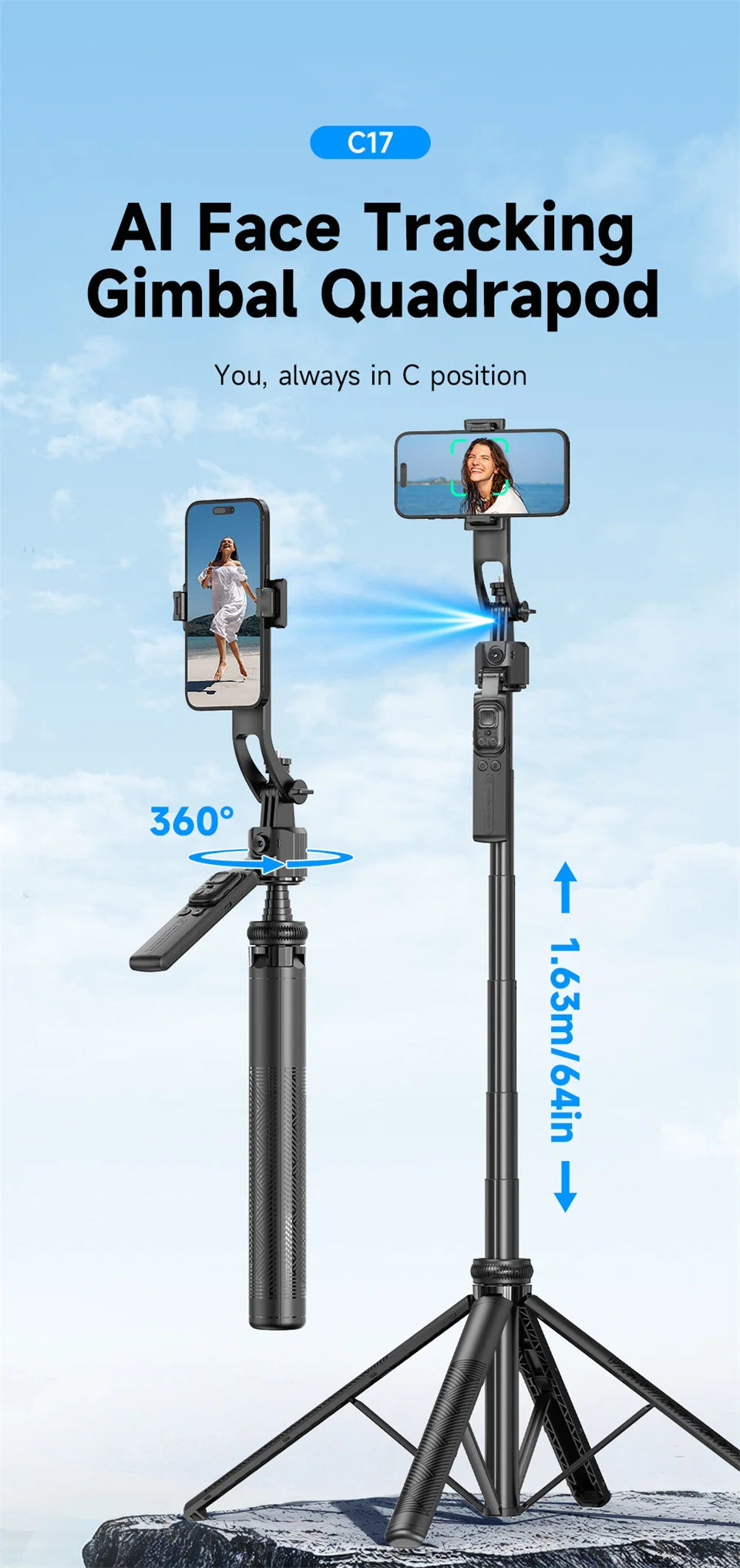 FGCLSY 360 ° rotation Selfie Stick Gimbal Stabilizer With Bluetooth Remote Intelligent AI Follow-Up Anti Shake For Smartphone