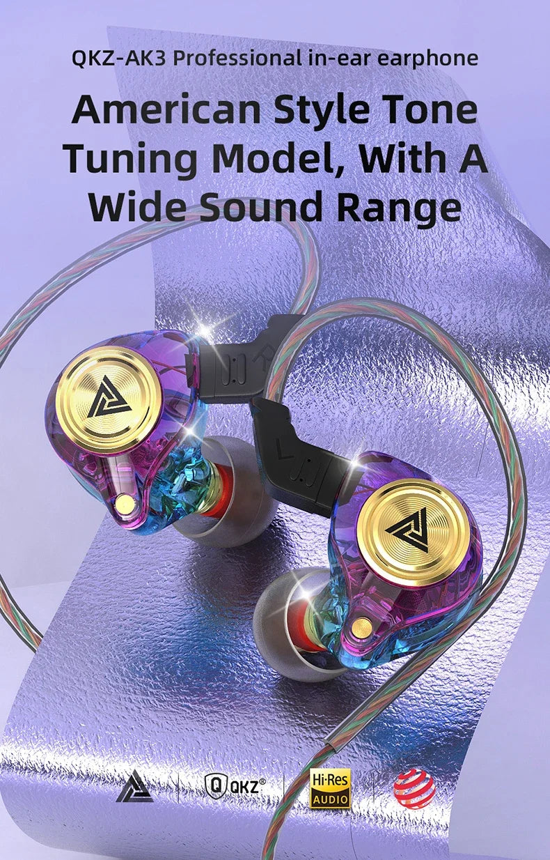 QKZ AK3 FiLe Wired Earphone with Microphone HiFi Music Monitor Bass Headphones Noise Cancelling Headset For Sport Gaming Earbuds - Universal Market