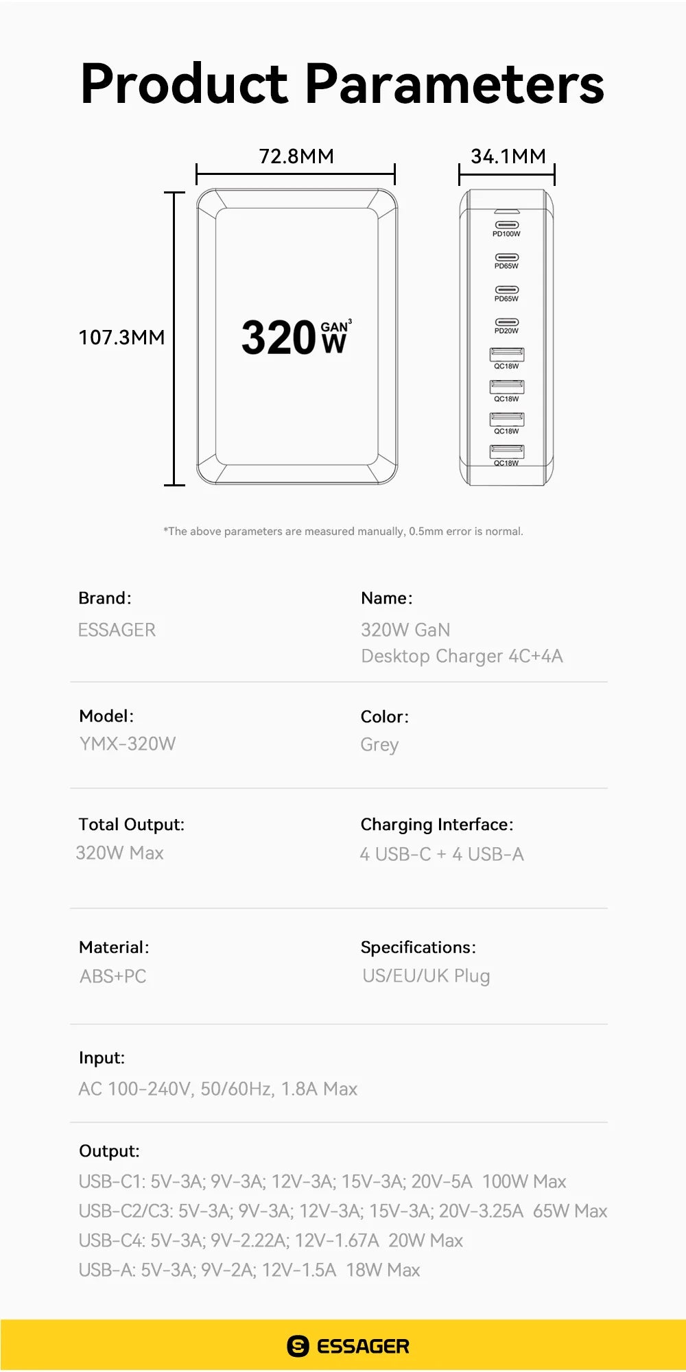 Essager 320W GaN Charger 8Port USB Type C Desktop Charging Station PD 100W Fast Charging For iPhone 17 16 15 iPad MacBook Laptop