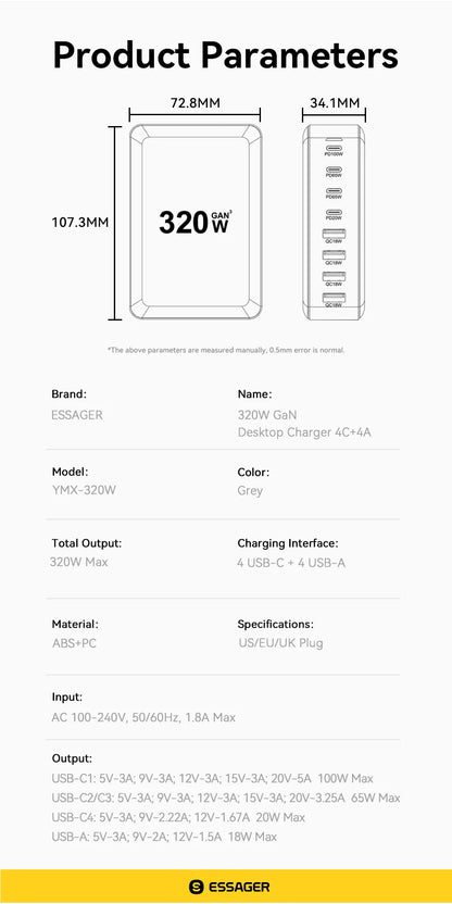 Essager 320W GaN Charger 8Port USB Type C Desktop Charging Station PD 100W Fast Charging For iPhone 17 16 15 iPad MacBook Laptop
