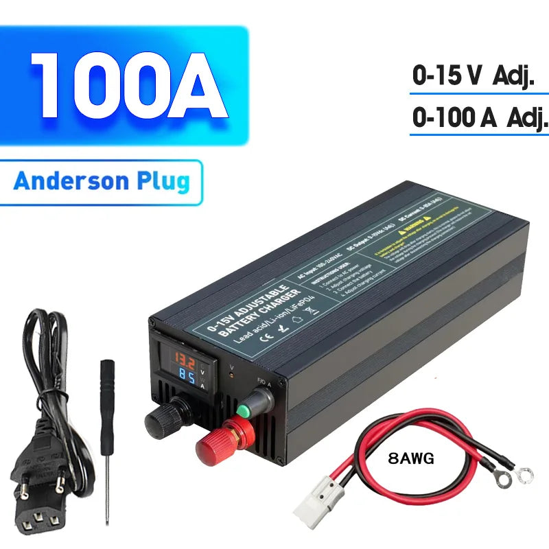 Lifepo4 Charger 12V 60A 100A Lithium Battery Charger 110V-240V Input 0-15V Adjustable Quick Fast Adapter for Lifepo4 Battery