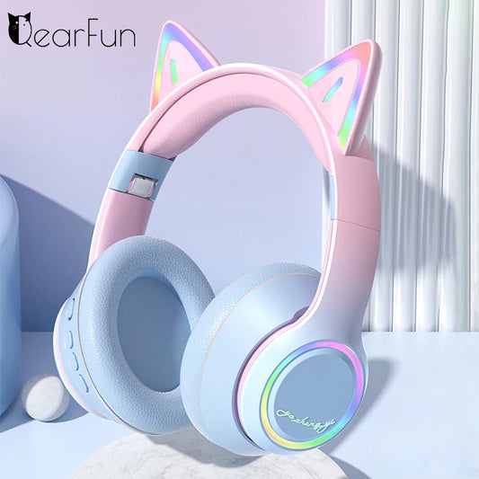 Gradient Wireless Headphones RGB Cat Ear Bluetooth Headphones With Microphone Stereo Music Game Earphone For Girls Kids Gifts - Universal Market