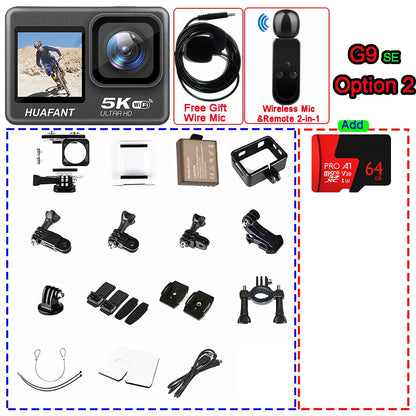 G9SE Action Camera 5K30fps 4K60fps 50MP 2.0 Touch LCD EIS DVR Webcam Dual Screen Wi-Fi 170D Waterproof 30M 5X Zoom Sports Camera