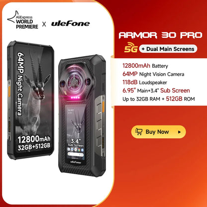 Ulefone Armor 30 Pro 5G Rugged Phone Android 14 Smartphone 6.95" 120Hz 32GB+512GB 12800mAh Night Camera 64MP NFC