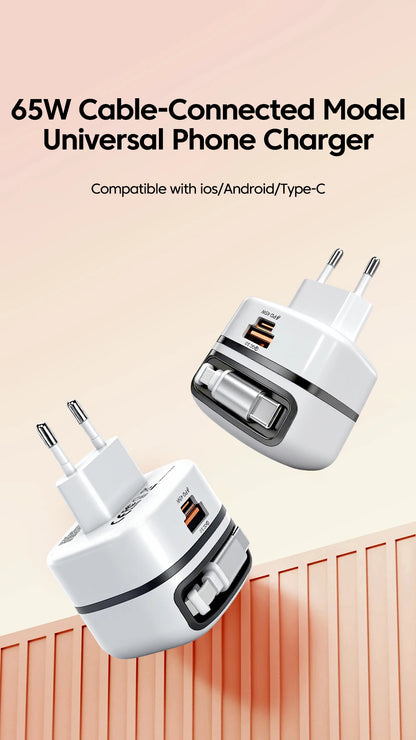 Elough 65W USB Type C Phone Charger Universal Travel Adapter Retractable Fast Charging USB C Cable For iPhone 16 Samsung Laptop