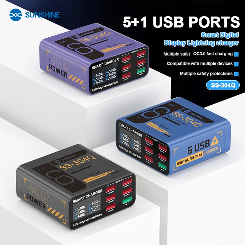 SUSNHINE SS-304Q 6-port Usb Digital Display Fast Charge QC3.0 Smart Fast Charge for Phone Tablet Watch Charging