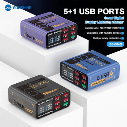 SUSNHINE SS-304Q 6-port Usb Digital Display Fast Charge QC3.0 Smart Fast Charge for Phone Tablet Watch Charging