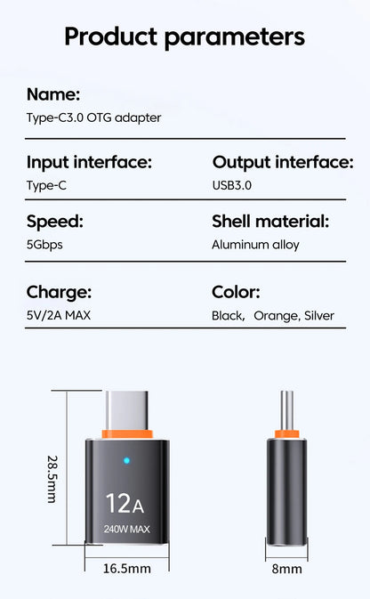 12A OTG USB 3.0 To Type C Adapter USB Female To Type c Male Fast Charging adadpter OTG USB C For Xiaomi Samsung Laptop PC