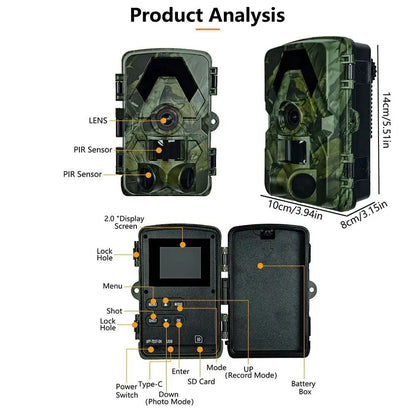 IP66 Waterproof Outdoor Infrared Trail Camera 120° Wide-Angle Camouflage 5K HD Motion Activated Camera with Straps Support 128G