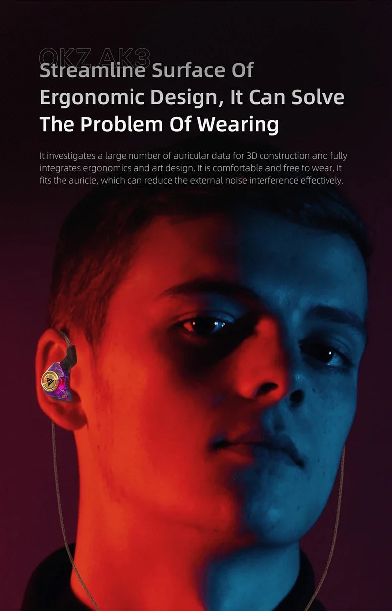 QKZ AK3 FiLe Wired Earphone with Microphone HiFi Music Monitor Bass Headphones Noise Cancelling Headset For Sport Gaming Earbuds - Universal Market