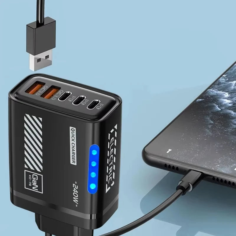 Xiaomi 240W 5 Ports Type-C USB Fast Charger EU US Plug Charger With LED Light Desktop Power Adapter For Iphone Samsung Huawei
