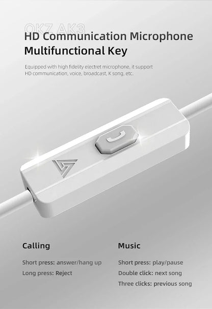QKZ AK3 FiLe Wired Earphone with Microphone HiFi Music Monitor Bass Headphones Noise Cancelling Headset For Sport Gaming Earbuds - Universal Market