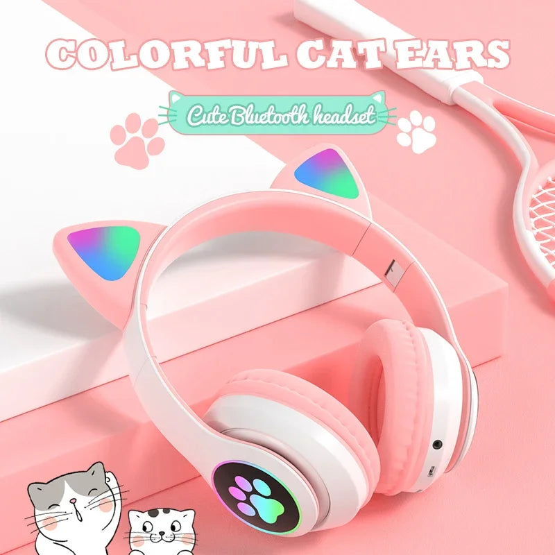 Flash Lamp Cute Cat Ears Headphone Bluetooth5.0 Stereo With Mic Support TF Card Wireless Kids Girl Earphone Birthday Gift - Universal Market