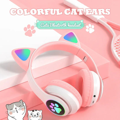Flash Lamp Cute Cat Ears Headphone Bluetooth5.0 Stereo With Mic Support TF Card Wireless Kids Girl Earphone Birthday Gift - Universal Market