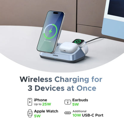 UGREEN Qi2 25W MAX Magnetic Wireless Charger Stand 3- in-1 Charging For iPhone 17 Pro Max/AirPods 4 For MagSafe Fast Charger