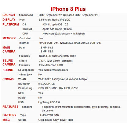 iPhone 8/iPhone8 Plus 8P 4.7'/5.5' Original Retina IPS LCD RAM 3GB ROM 64/256GB Hexa Core 12MP Fingerprint iOS 4G LTE Phone