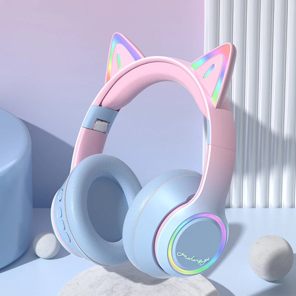 Gradient Wireless Headphones RGB Cat Ear Bluetooth Headphones With Microphone Stereo Music Game Earphone For Girls Kids Gifts - Universal Market