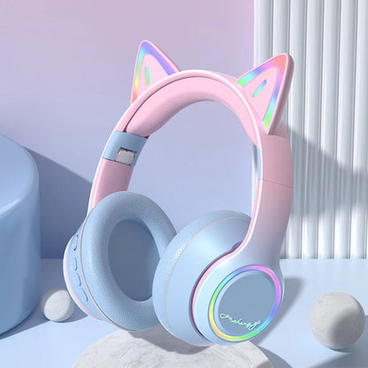Gradient Wireless Headphones RGB Cat Ear Bluetooth Headphones With Microphone Stereo Music Game Earphone For Girls Kids Gifts - Universal Market