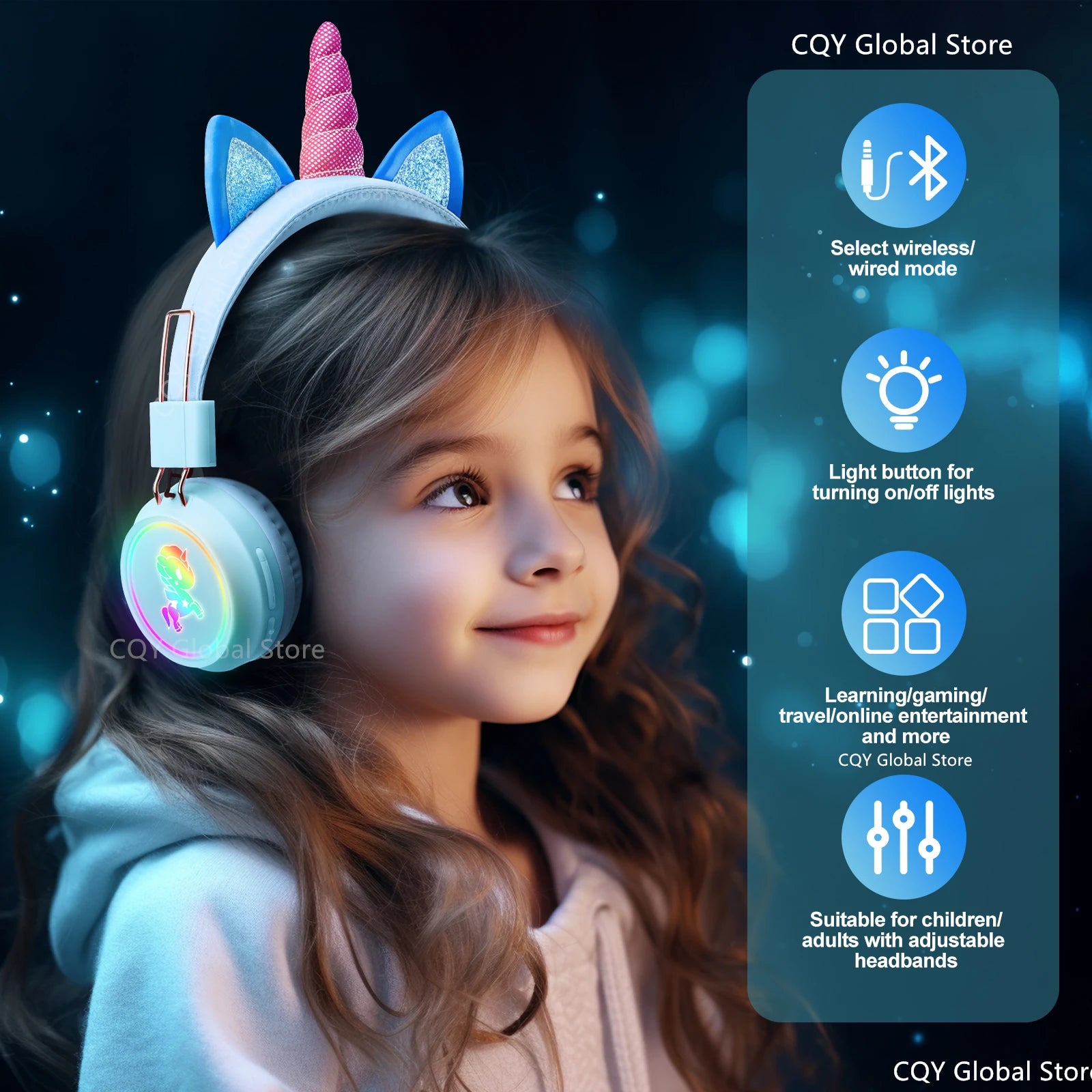 RGB Unicorn Kids Wireless Headphones With Mic Music Stereo Earphone Cute Unicorn Control RGB Light Headset Girls Kids Gift - Universal Market